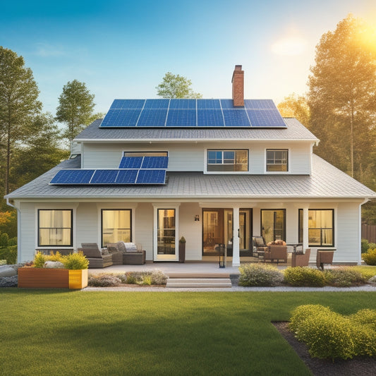 An illustration of a modern suburban house with solar panels installed on its roof, surrounded by measuring tapes, calculators, and a faint outline of a dollar sign in the background.