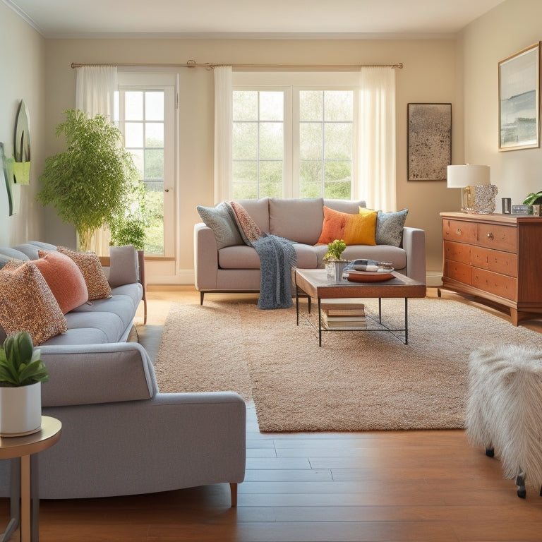 A bright, organized living room with a sparkling clean floor, a few strategically placed cleaning tools, and a subtle hint of natural light, conveying a sense of efficiency and energy.