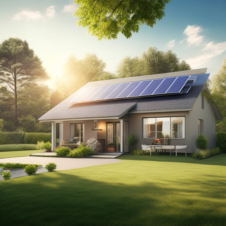 A photorealistic illustration of a suburban house with solar panels on the roof, surrounded by a green lawn and a few trees, with a subtle sun shining down in the background.