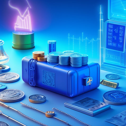 A stylized illustration of a battery with money signs and currency symbols flowing into it, surrounded by tiny financial icons like coins, wallets, and piggy banks, set against a bright blue background.