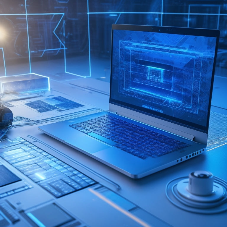 A futuristic, minimalist background with a large, sleek, silver laptop in the center, surrounded by various solar panel diagrams, circuits, and wiring schematics, with a subtle, glowing blue light emanating from the screen.