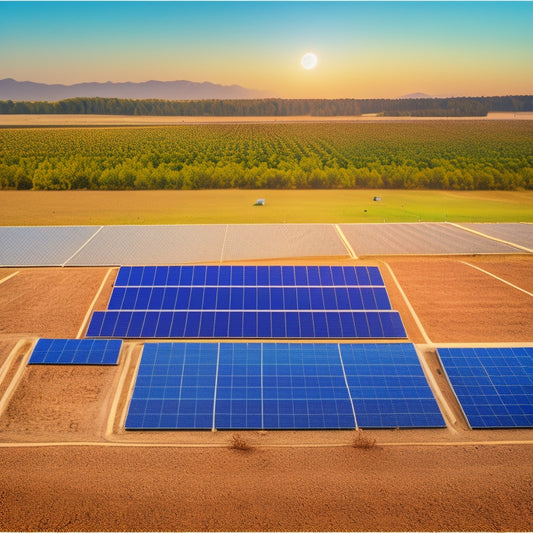 A serene landscape with a solar panel farm in the background, with one panel highlighted and magnified, showing dirt and debris accumulation, alongside a subtle grid of measurement lines and a faint calculator silhouette.