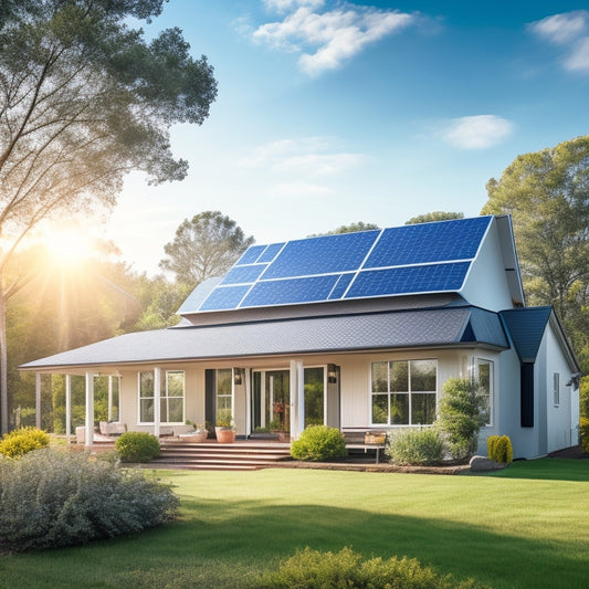 A serene suburban home with a sleek, black solar panel array on the roof, surrounded by lush greenery and a bright blue sky with a few wispy clouds.