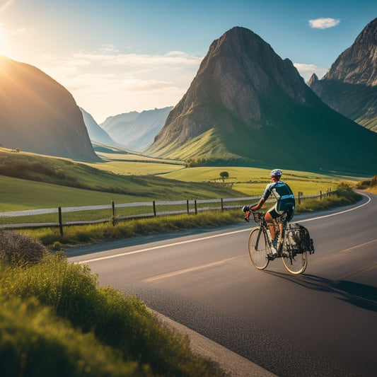 A serene landscape with a lone cyclist riding a loaded touring bike on a winding road, surrounded by rolling hills and mountains in the distance, with a few panniers and accessories visible.