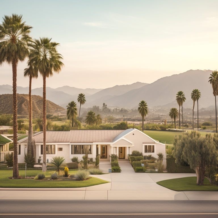 A serene California suburb with a partially constructed house in the center, surrounded by rolling hills and palm trees, with a subtle cityscape in the distant background.