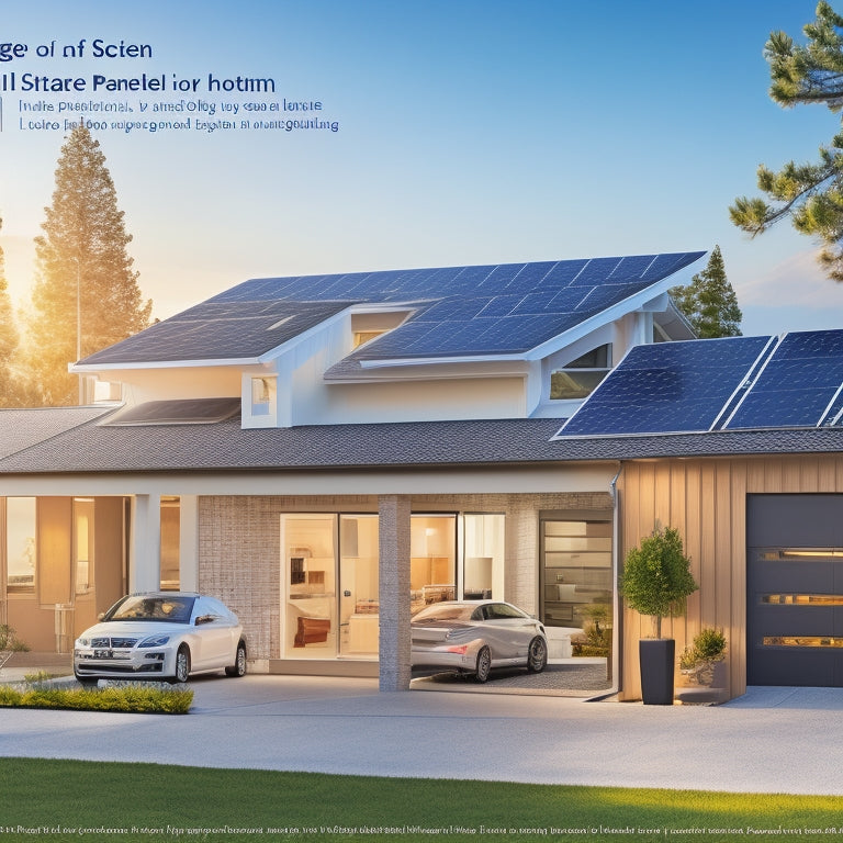 An illustration of a modern home with solar panels on the roof, a battery bank in the garage, and a dashboard displaying energy storage and usage data, surrounded by subtle dollar signs and graphs.