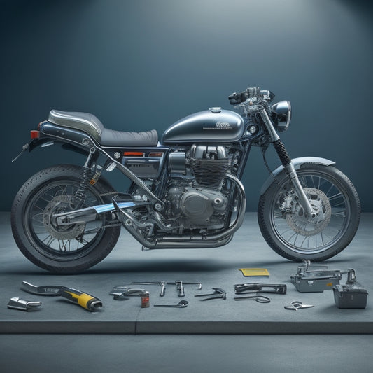 A sleek, silver motorcycle with interchangeable parts and tools scattered around it, including wrenches, paint swatches, and blueprints, set against a dark grey background with subtle grid lines.