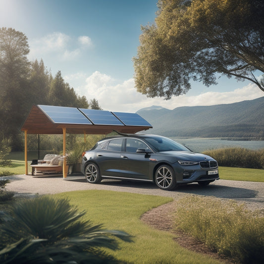 A serene outdoor setting with a parked car, its roof and hood covered with sleek, black solar panels, connected to a battery pack and inverter, surrounded by lush greenery and a bright blue sky.