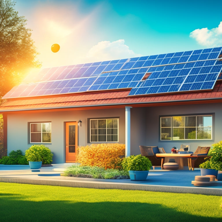 An illustration of a modern home with solar panels on the roof, surrounded by icons of coins, piggy banks, and a subtle grid of financial symbols in the background.