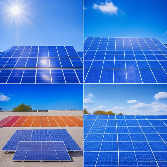 An image featuring five solar panels from different brands (each with distinct frame colors and cell patterns) arranged side-by-side on a rooftop, with a sunny blue sky and fluffy white clouds in the background.