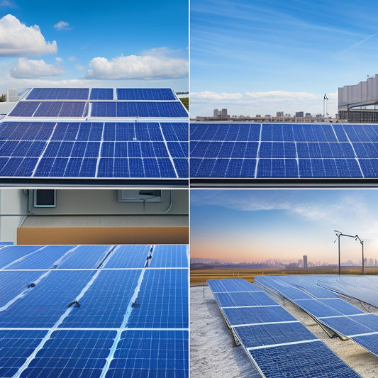 A split-screen image featuring a solar panel array on a rooftop on one side, and a grid of various battery types (lead-acid, lithium-ion, etc.) with varying sizes and connections on the other.