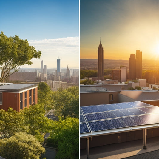 A split-screen image: a sunny rooftop with solar panels on the left, and a cityscape with varying roof sizes, angles, and tree shading on the right, conveying complexity and variability.