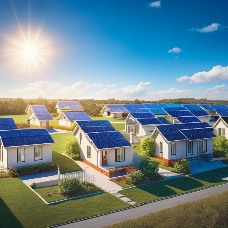 An illustration of 10 identical houses with solar panels on the roofs, varying in size and arrangement, set against a bright blue sky with fluffy white clouds.