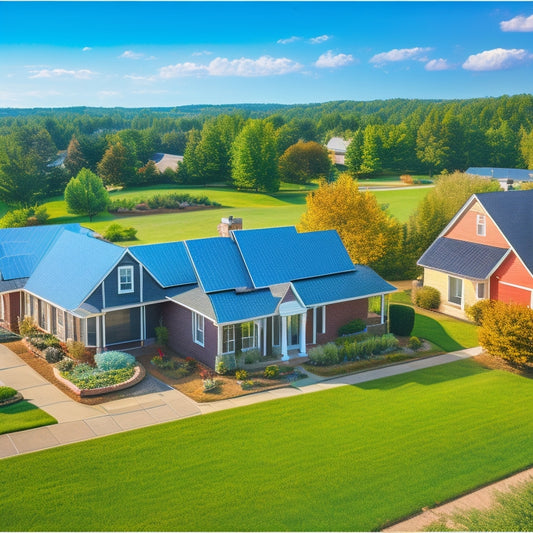 A serene suburban neighborhood with various roof types (gabled, flat, tile, shingle) featuring different solar panel installations (monocrystalline, polycrystalline, thin-film) and mounting systems (tracking, fixed).