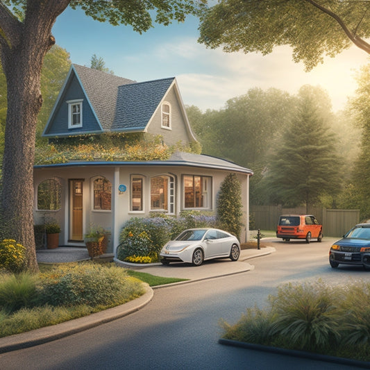 A scenic illustration of a local neighborhood with a small, environmentally-friendly EV conversion shop in the center, surrounded by lush greenery and a few electric vehicles.