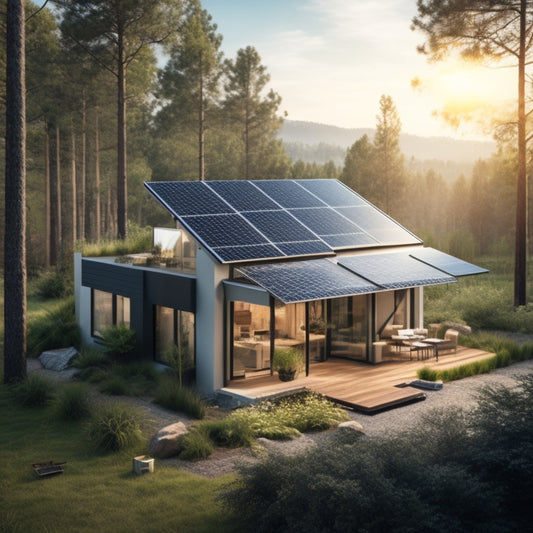 An illustration of a modern off-grid home surrounded by lush greenery, with a rooftop solar panel array and a sleek, compact battery system in the foreground, connected by wires and cables.