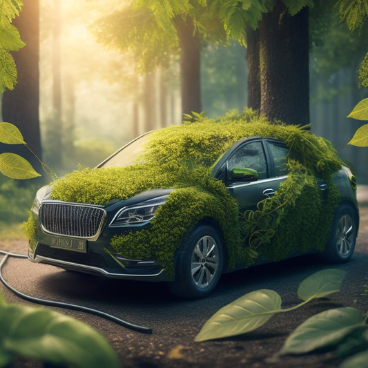 A stylized illustration of a green leaf wrapped around a car battery, with electric currents flowing like vines, surrounded by tiny icons of trees and recycling symbols, set against a soft, sunny background.