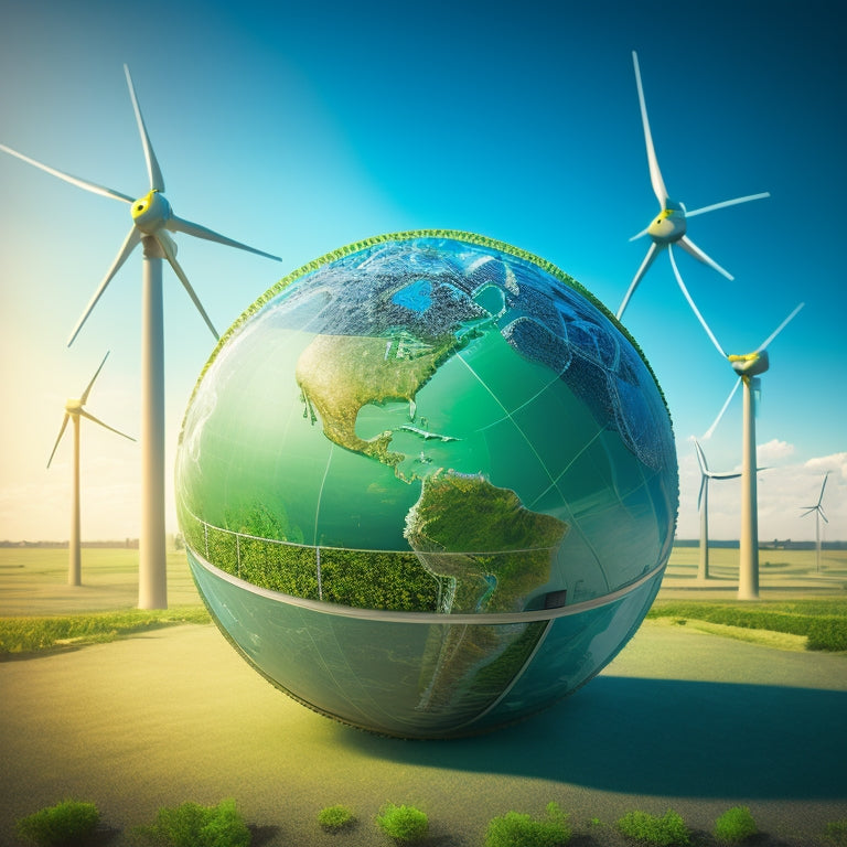 A stylized illustration of a globe with green hues, surrounded by interconnected gears, solar panels, and wind turbines, conveying a sense of sustainable energy and efficient compliance.