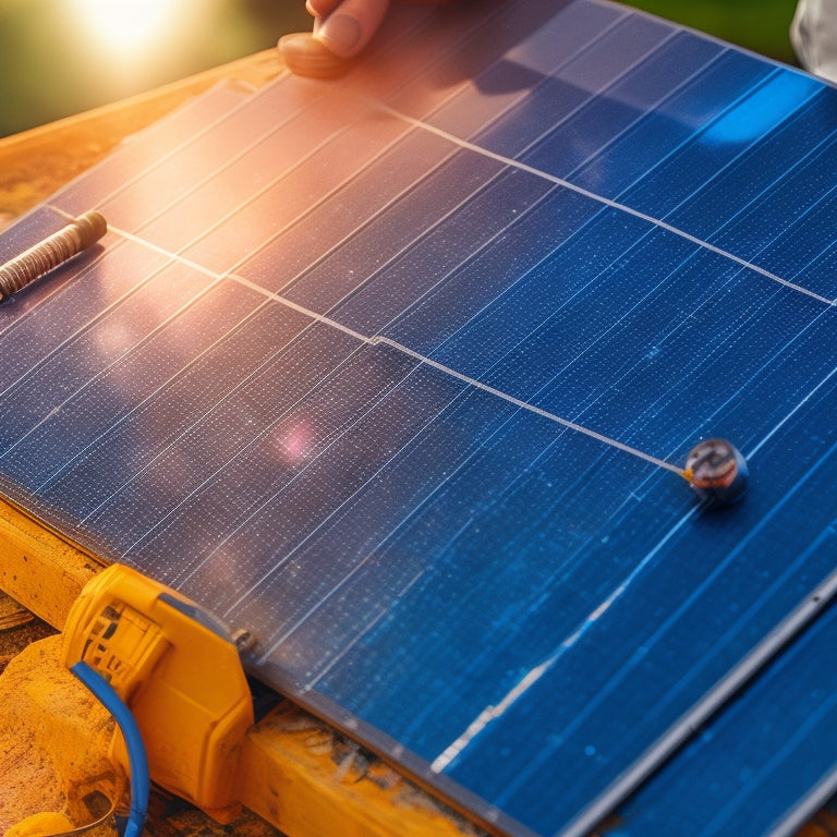 A close-up of a scratched solar panel on a vehicle's roof, with a hand holding a repair tool and a small bottle of adhesive in the background, surrounded by scattered tiny screws and wires.