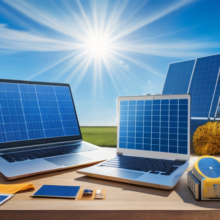 A bright blue background with a large, golden sun in the center, surrounded by solar panels of varying sizes, with a subtle grid of certificates and laptops in the background, conveying a sense of online learning.