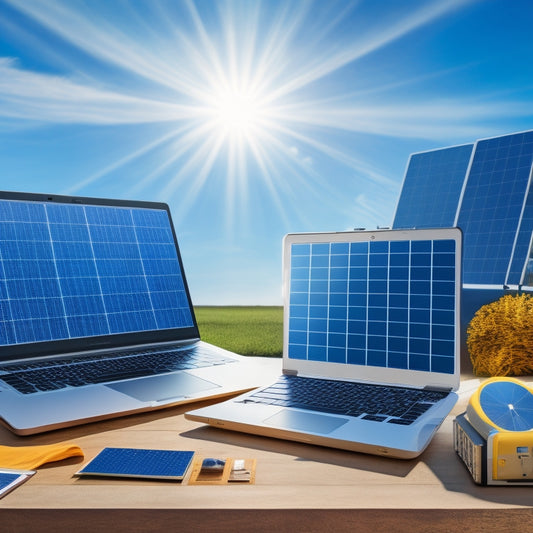 A bright blue background with a large, golden sun in the center, surrounded by solar panels of varying sizes, with a subtle grid of certificates and laptops in the background, conveying a sense of online learning.