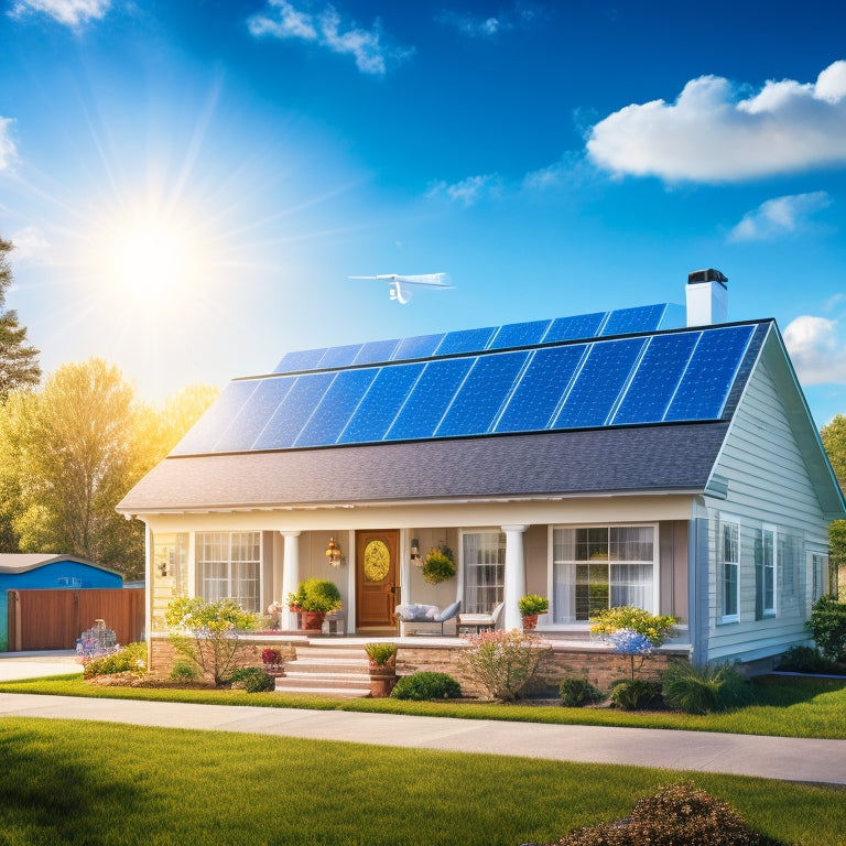 An illustration of a suburban house with solar panels on the roof, surrounded by icons of dollar signs, clocks, and energy-efficient appliances, set against a bright blue sky with fluffy white clouds.