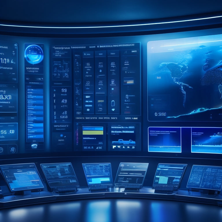 A futuristic dashboard with multiple screens displaying real-time data, graphs, and maps, surrounded by minimalistic icons of computers, smartphones, and satellites, set against a dark blue background with subtle circuitry patterns.