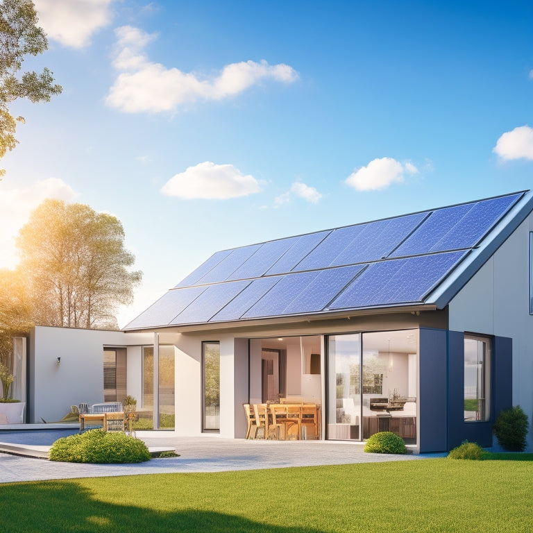 A modern home with solar panels on the roof, a sleek battery backup system visible through a window, and a bright, sunny background with a few fluffy white clouds.