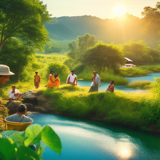 A serene, sun-drenched landscape with a solar-powered water purifier in the center, surrounded by lush greenery, with a subtle water stream flowing in the background, and a few villagers collecting purified water in the foreground.