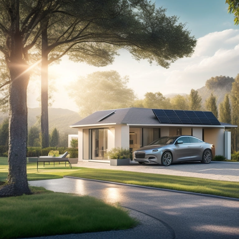 A serene landscape with a sleek, silver electric vehicle parked in front of a modern, minimalist house, surrounded by lush greenery, with a solar panel array on the roof and a charging station in the driveway.