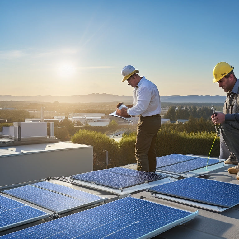 A rooftop with various solar panels, a contractor measuring the roof with a tape measure, and a calculator on a clipboard with a partially filled-out estimate form in the background.