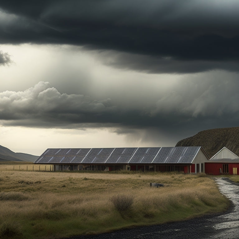 A dramatic, stormy landscape with dark gray clouds, heavy rain, and strong winds; in the foreground, several solar panels, each with a distinct design, standing resilient against the harsh weather.