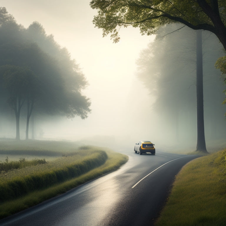 A serene, misty morning landscape with a meandering road, flanked by lush greenery, featuring a sleek, silver electric car in the distance, with a faint battery icon hovering above it.