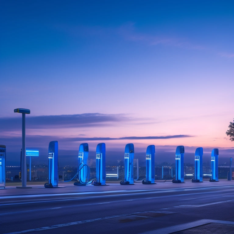 A futuristic cityscape at dusk with 10 sleek, modern electric vehicle charging stations, each with a distinct design, illuminated by soft blue and green LED lights, set against a dark blue-gray sky.