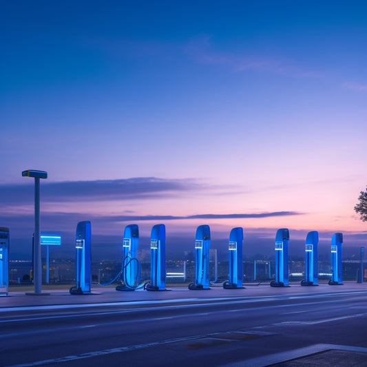 A futuristic cityscape at dusk with 10 sleek, modern electric vehicle charging stations, each with a distinct design, illuminated by soft blue and green LED lights, set against a dark blue-gray sky.