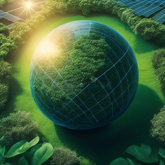 An illustration featuring a digital globe at its center, surrounded by swirling green leaves and solar panels, with a subtle grid of lines and dashes in the background, symbolizing connectivity and data analysis.