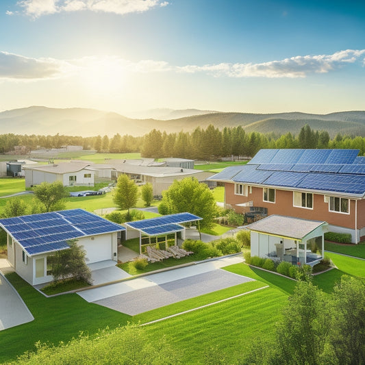 A sunny landscape with a mix of modern residential homes and commercial buildings, featuring diverse solar panel installations, including rooftop arrays, ground-mounted systems, and solar carports.