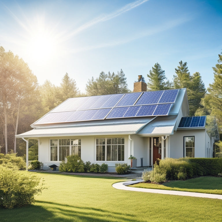 A serene suburban home with a sloping roof, solar panels installed on the south-facing side, surrounded by lush greenery and a bright blue sky with a few puffy white clouds.