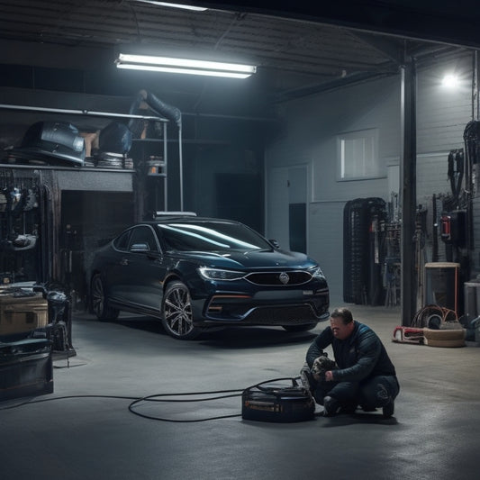 A clutter-free, dimly lit garage background with a sleek, black car in the center, its hood up, revealing a shiny, silver car battery with jumper cables and a portable power pack nearby.