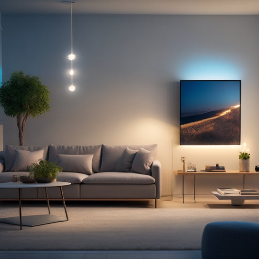 A serene, modern living room with a minimalist aesthetic, featuring a sleek solar panel on the wall, a string of LED lights, and a compact, futuristic battery unit with a subtle LED glow.