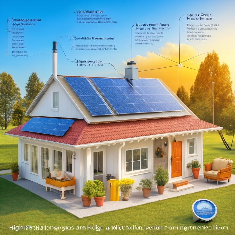 An illustration of a residential solar system with various components labeled with icons, including a roof with solar panels, an inverter, a meter, and a battery, surrounded by icons of a house, money, and a calculator.