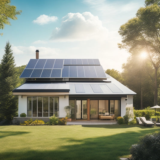 A serene suburban home with a sleek, modern roof, partially covered in a mix of black and silver solar panels, surrounded by lush greenery and a bright blue sky with a few puffy white clouds.