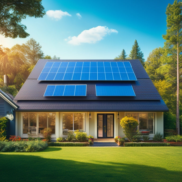 A serene suburban house with a mix of blue and brown roof tiles, surrounded by lush green trees, with a large solar panel array on the roof, and a tablet displaying a calculator screen.