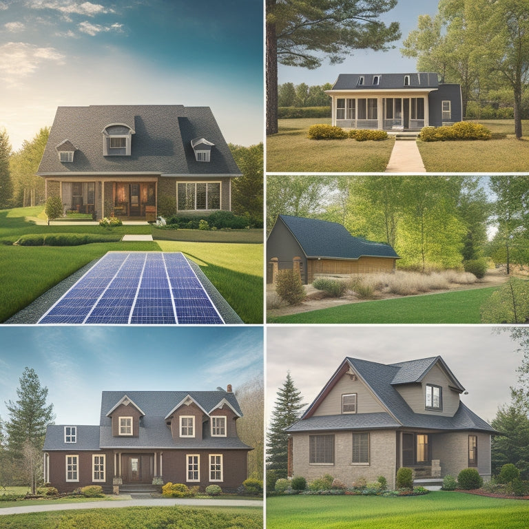 A serene suburban landscape with 5 distinct homes, each featuring a unique solar panel system: sleek black panels on a modern roof, rustic brown panels on a rural cottage, and more.