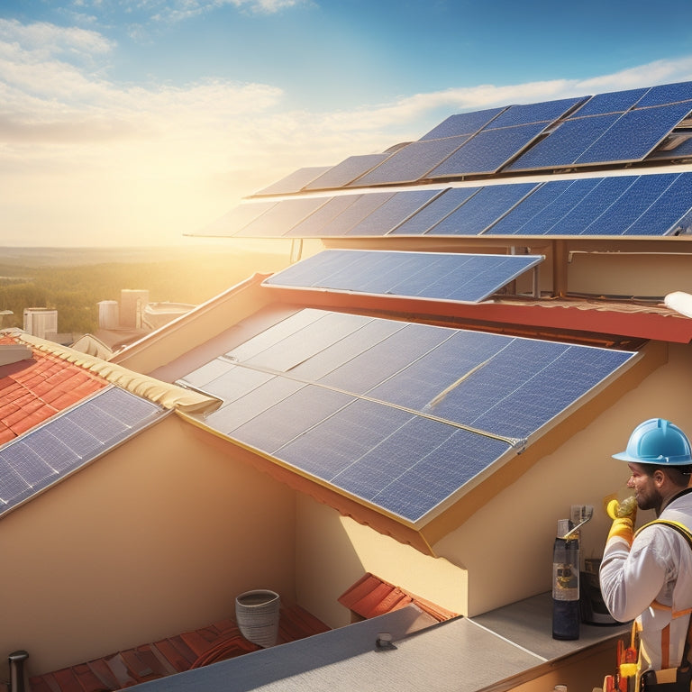 A photorealistic illustration of a residential rooftop with a partially installed solar panel array, showing a worker in a hard hat and gloves fastening panels to the roof, with a ladder and tools nearby.