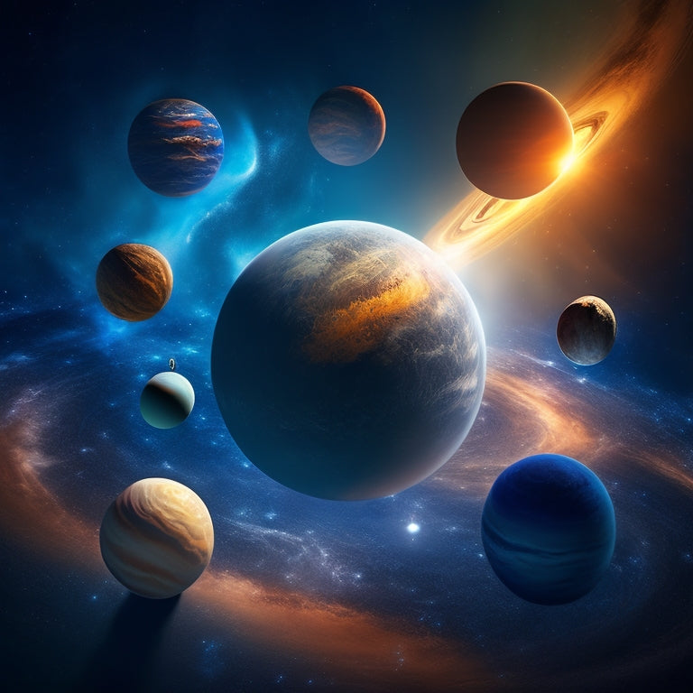 A stylized illustration of the solar system, featuring seven distinct planets with unique atmospheric textures and ring systems, set against a starry midnight blue background with subtle nebulae wisps.