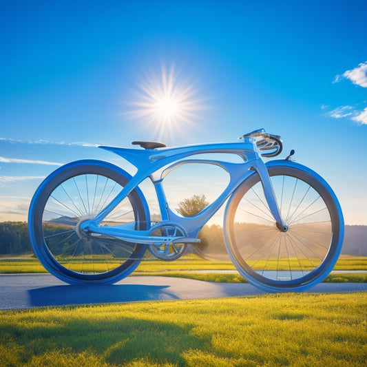 A futuristic, sleek bicycle with solar panels integrated into the wheels and frame, set against a bright blue sky with a subtle sunburst in the background, surrounded by subtle, swirling energy lines.