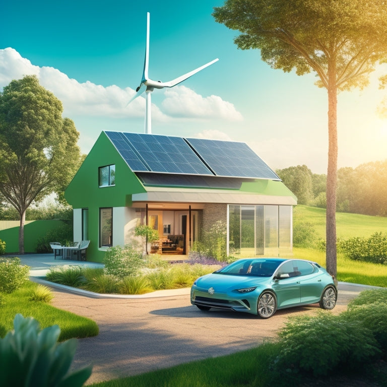 A vibrant illustration depicting a modern, eco-friendly home surrounded by lush greenery, with a sleek, electric vehicle parked outside, and a wind turbine and solar panels on the roof, amidst a sunny, cloudless sky.