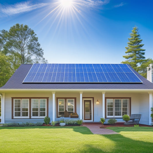 A serene, sun-kissed suburban home with sleek solar panels on the roof, surrounded by lush greenery and a bright blue sky, with a subtle electric meter in the foreground displaying a decreasing usage graph.