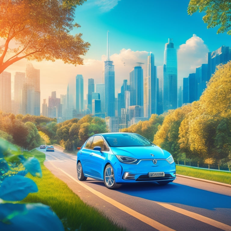 A stylized illustration of a green leaf-adorned road winding past a cityscape, with a sleek, electric blue car in the foreground, surrounded by faint, swirling money symbols.